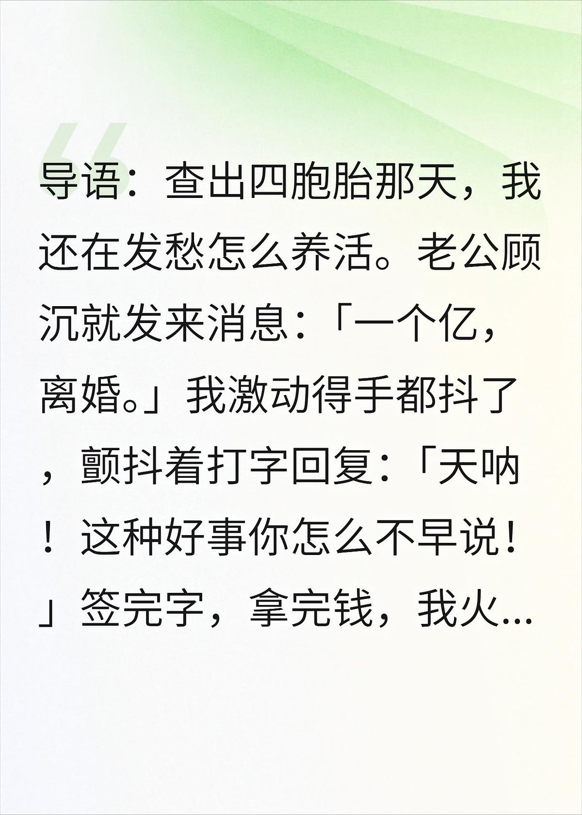 怀四胞胎被离婚，我立马拿钱跑路