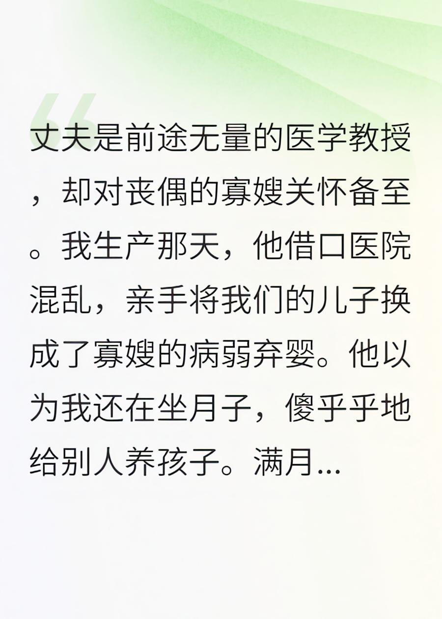 满月宴上，我把丈夫换给寡嫂的亲儿子抱回来了